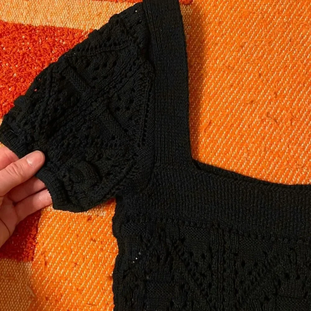 Zara Knitted Crop Top Beachy Summer Crochet Sleeved Blouse Black XS